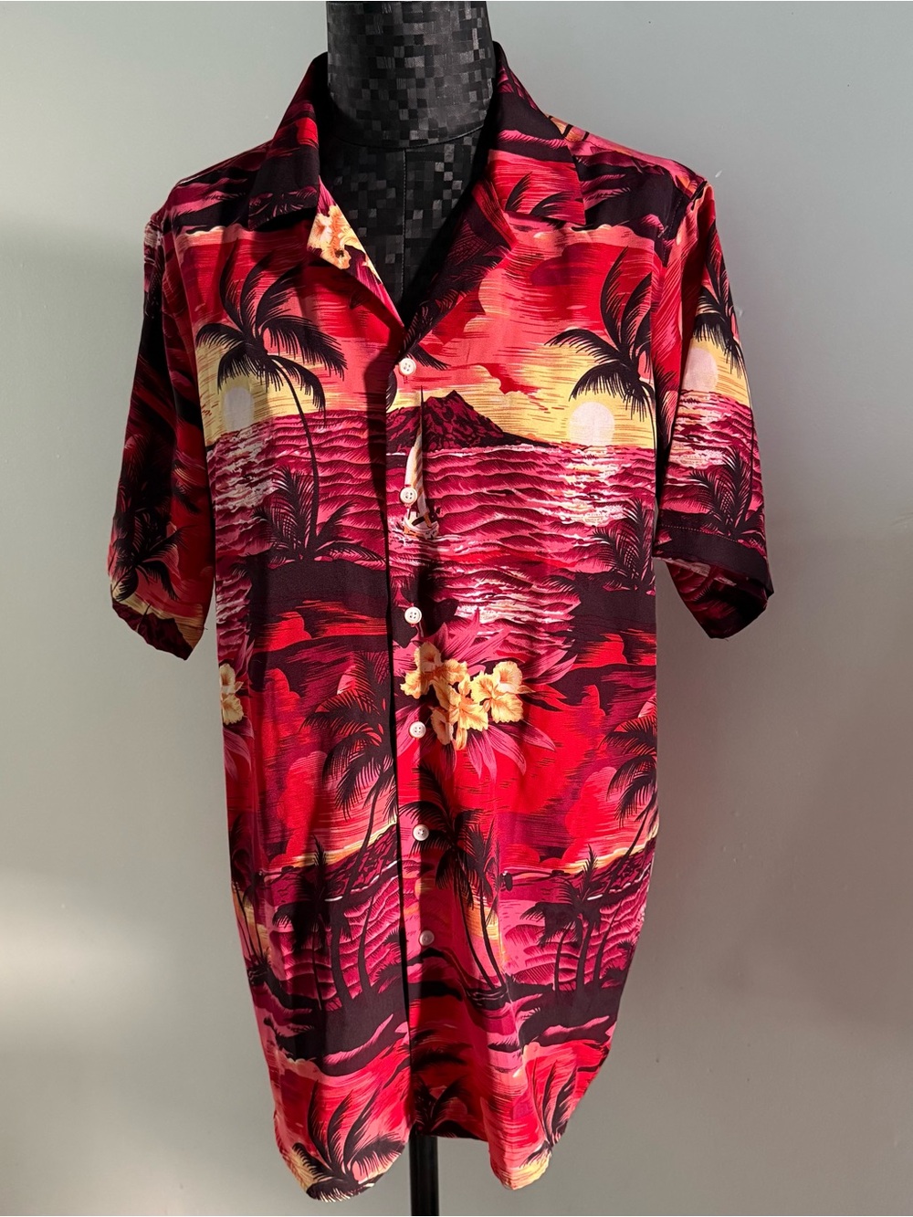 Hawaiian Vacation Shirt Button Up Ocean Palm Sunset Print